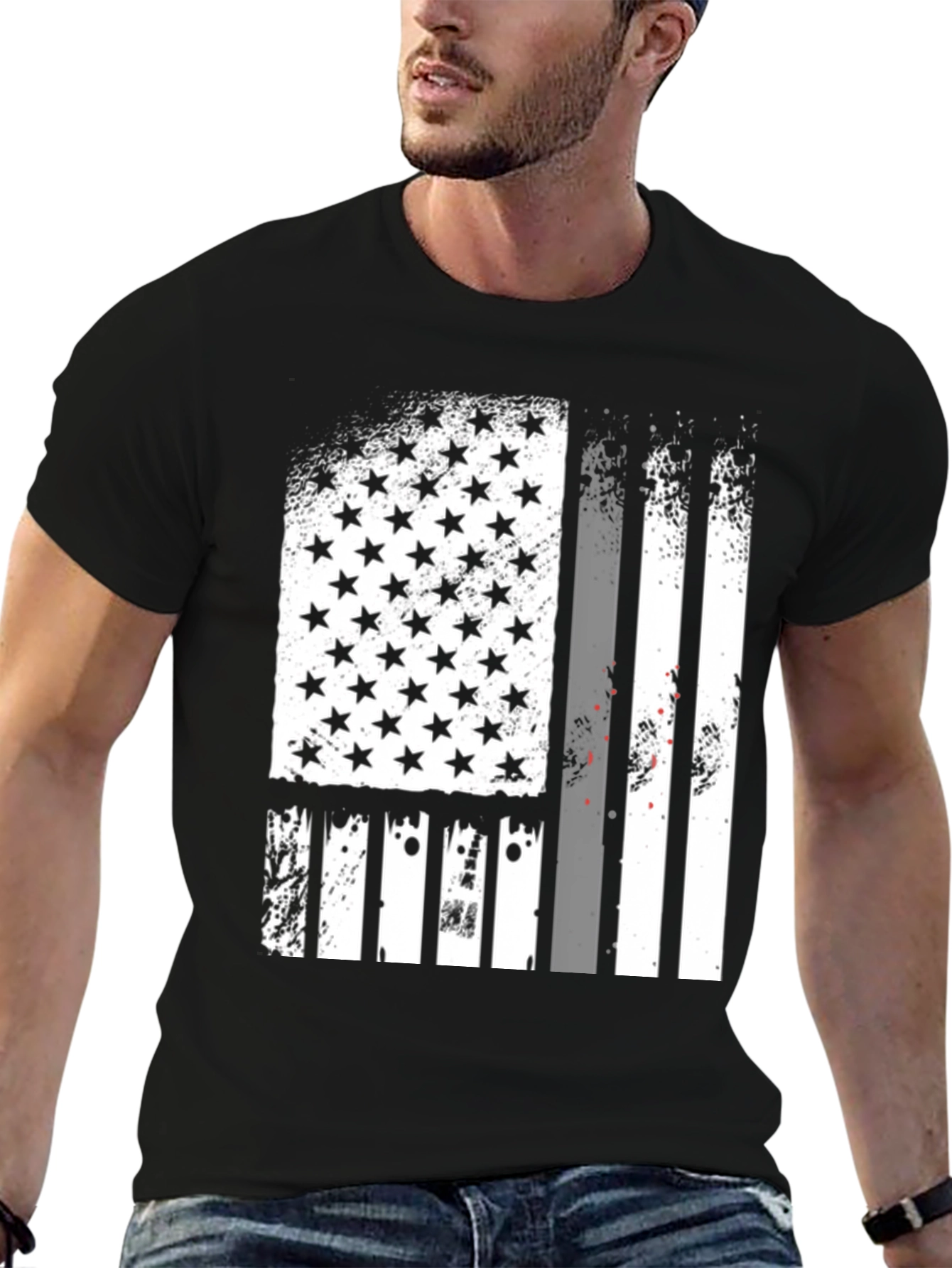 Distressed American Flag Graphic Tee - Black