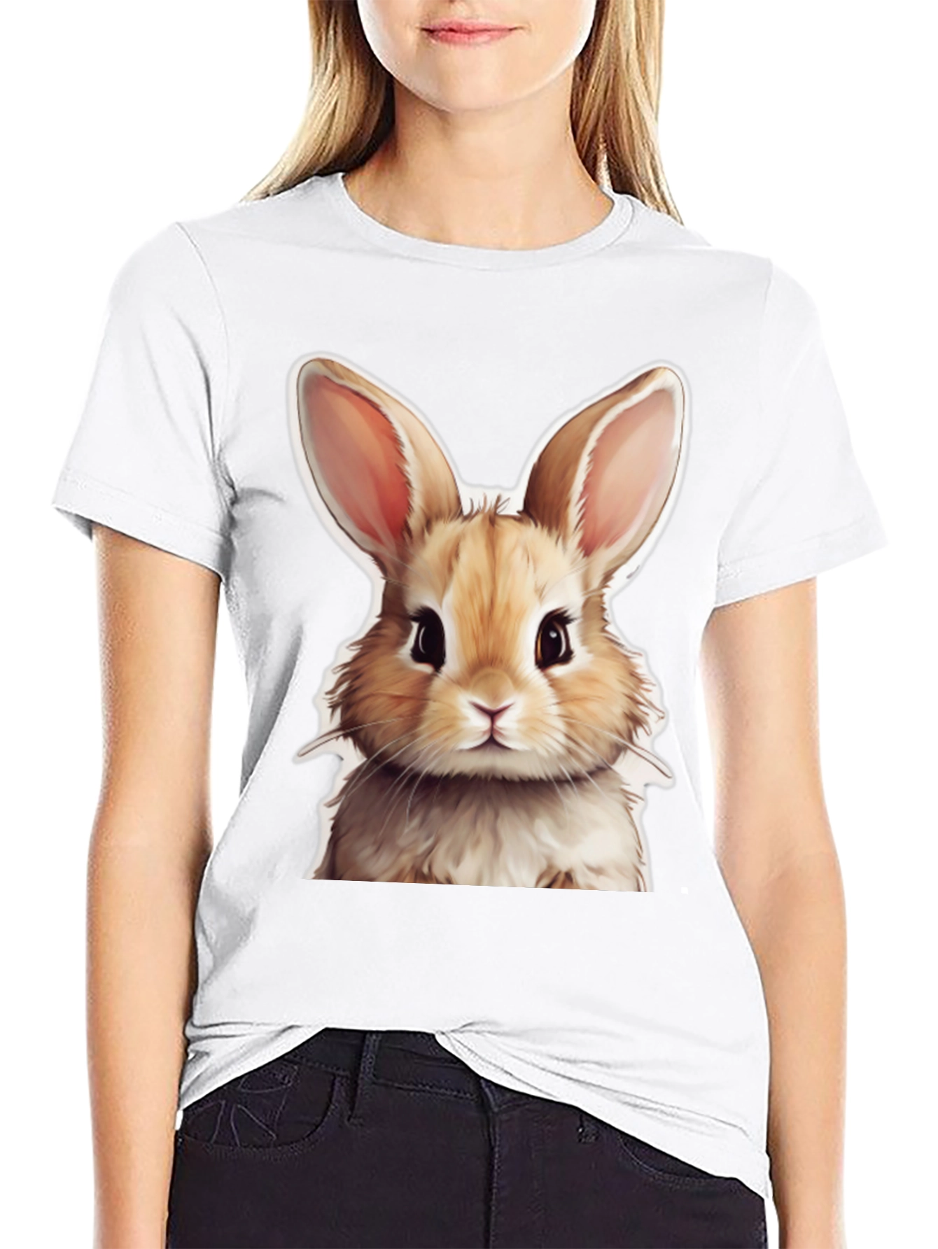 Cute Rabbit Graphic Tee - Black Cotton T-Shirt