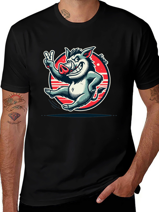 Boar Cartoon Graphic Tee - Black Cotton T-Shirt