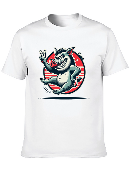 Boar Cartoon Graphic Tee - Black Cotton T-Shirt