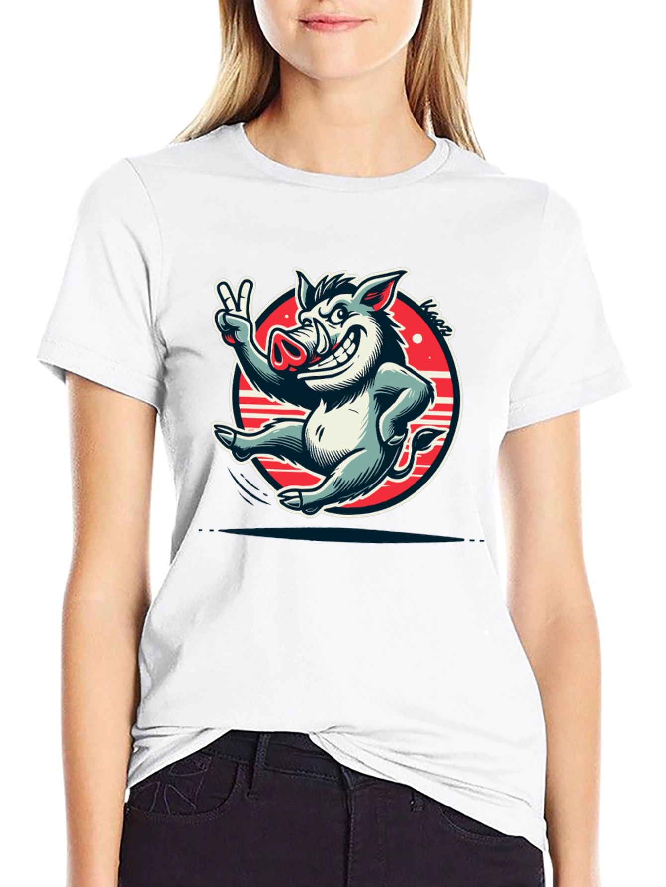 Boar Cartoon Graphic Tee - Black Cotton T-Shirt