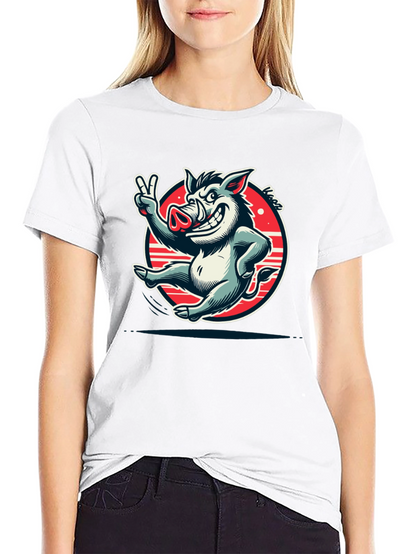 Boar Cartoon Graphic Tee - Black Cotton T-Shirt