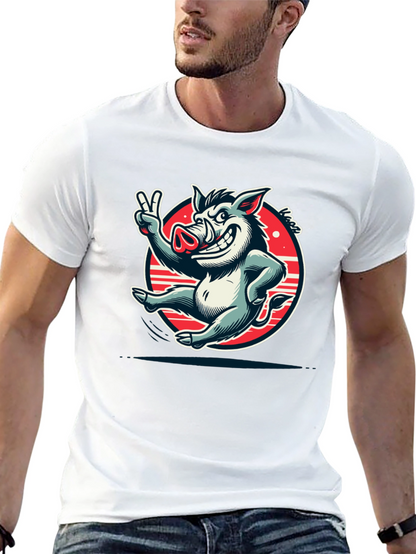 Boar Cartoon Graphic Tee - Black Cotton T-Shirt