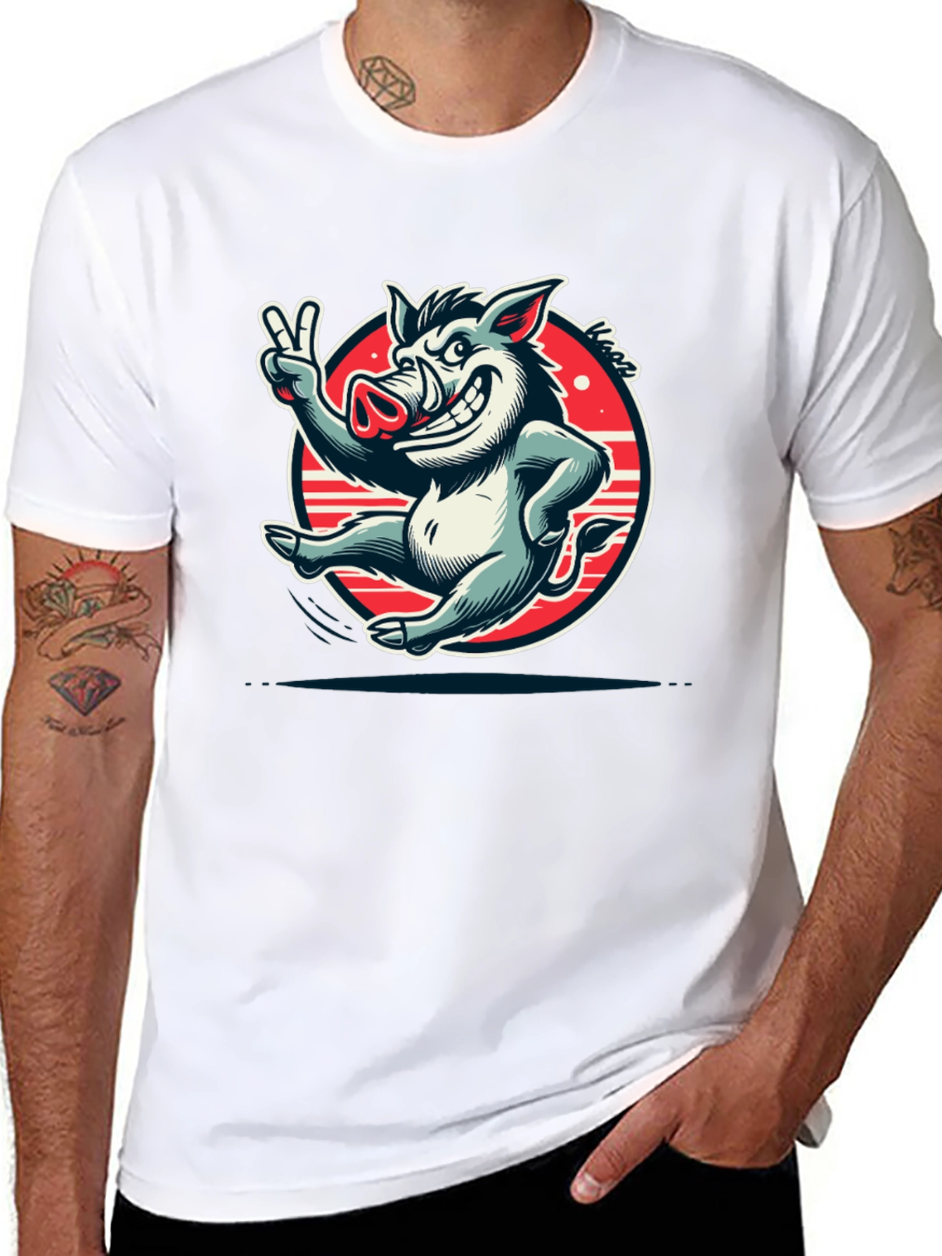 Boar Cartoon Graphic Tee - Black Cotton T-Shirt