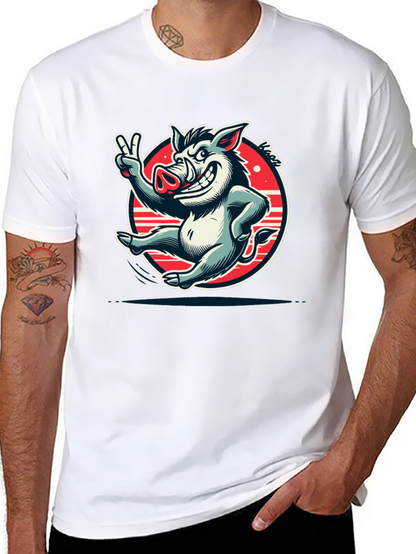 Boar Cartoon Graphic Tee - Black Cotton T-Shirt