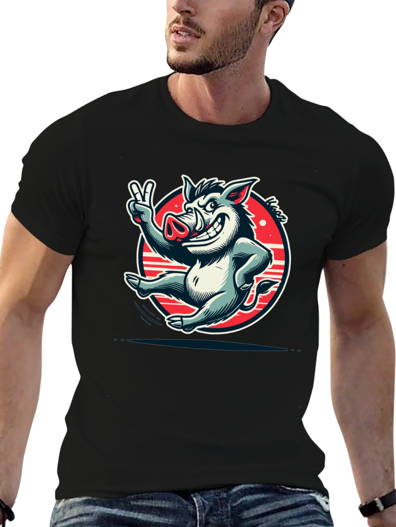 Boar Cartoon Graphic Tee - Black Cotton T-Shirt