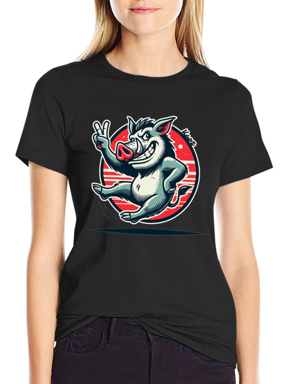 Boar Cartoon Graphic Tee - Black Cotton T-Shirt
