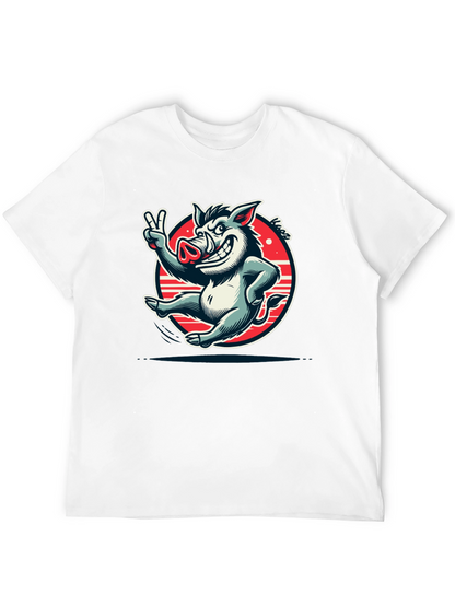 Boar Cartoon Graphic Tee - Black Cotton T-Shirt