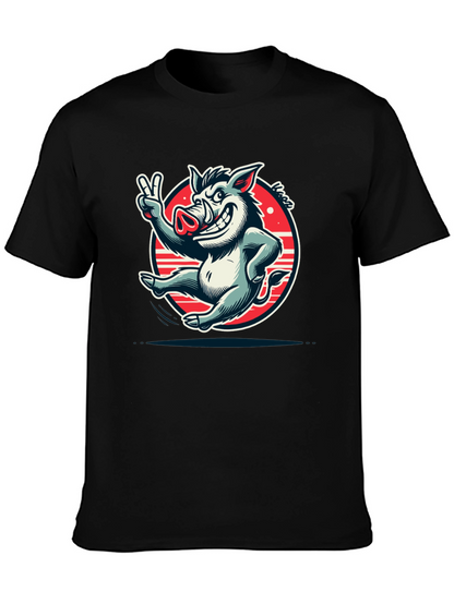 Boar Cartoon Graphic Tee - Black Cotton T-Shirt