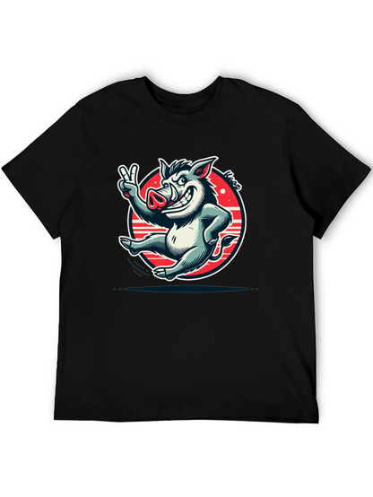 Boar Cartoon Graphic Tee - Black Cotton T-Shirt