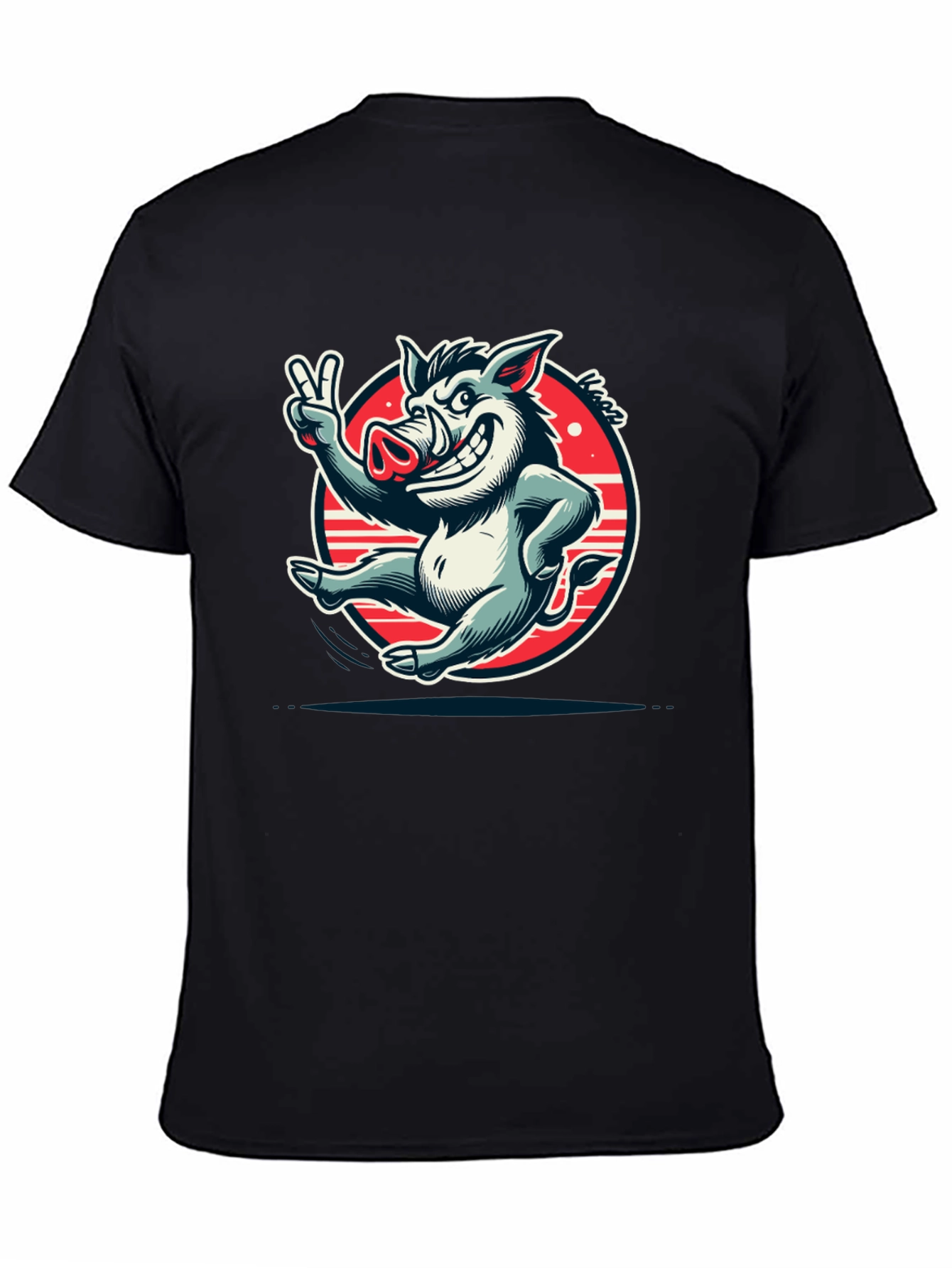 Boar Cartoon Graphic Tee - Black Cotton T-Shirt