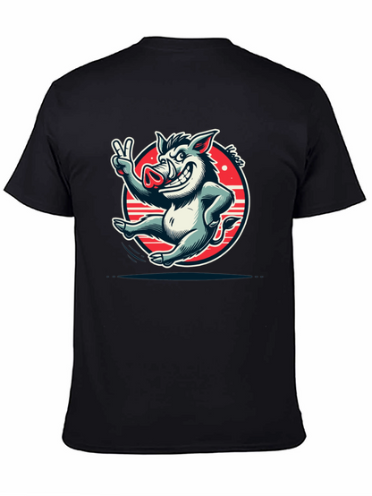 Boar Cartoon Graphic Tee - Black Cotton T-Shirt