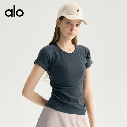Alo Yoga Nude Feel Slim-fit Sports Fitness Short Sleeve, Waist-tight Thin Yoga Top