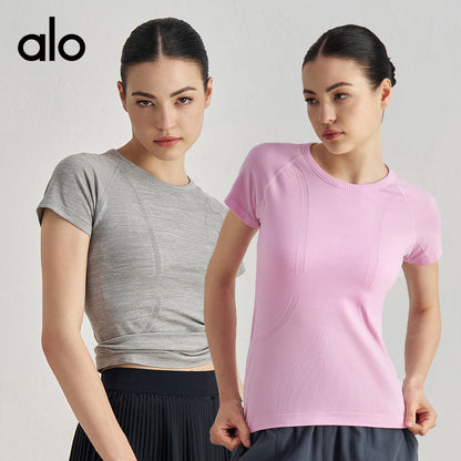 Alo Yoga Nude Feel Slim-fit Sports Fitness Short Sleeve, Waist-tight Thin Yoga Top