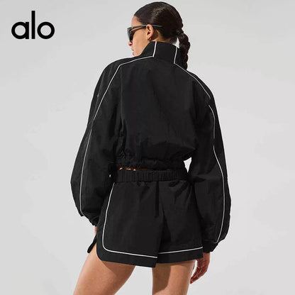 Aloyoga Casual Contrasting Color Stripes Sports Sunscreen Top and Elastic Waist Shorts Set