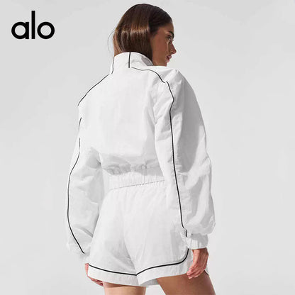 Aloyoga Casual Contrasting Color Stripes Sports Sunscreen Top and Elastic Waist Shorts Set