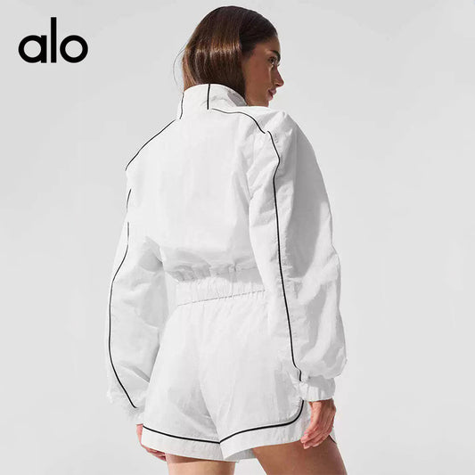 Aloyoga Casual Contrasting Color Stripes Sports Sunscreen Top and Elastic Waist Shorts Set