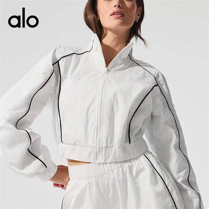 Aloyoga Casual Contrasting Color Stripes Sports Sunscreen Top and Elastic Waist Shorts Set