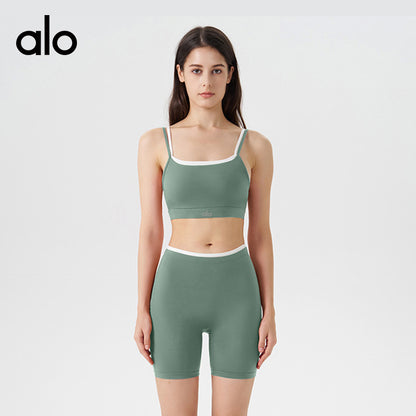 Alo Yoga Bare Sensation Contrasting Color Striped Sports Bra Tight Three-Piece Shorts Yoga Set