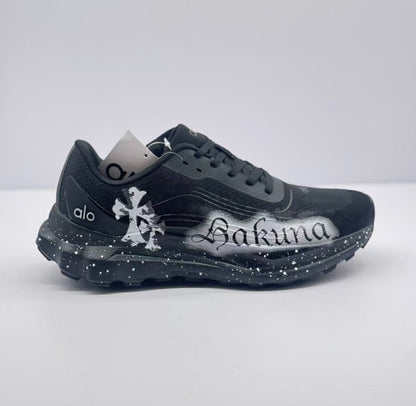 ALO running Black and white graffiti shoes