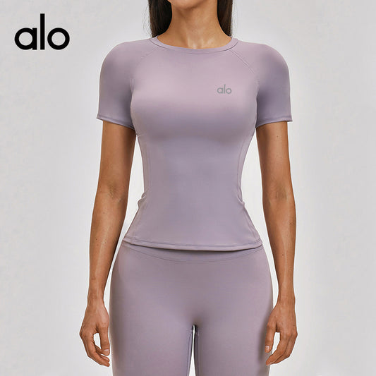 Aloyoga Brushed Round-neck Tight-Fitting T-Shirt for Outdoor Sports, Running, Fitness and Yoga