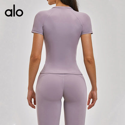 Aloyoga Brushed Round-neck Tight-Fitting T-Shirt for Outdoor Sports, Running, Fitness and Yoga
