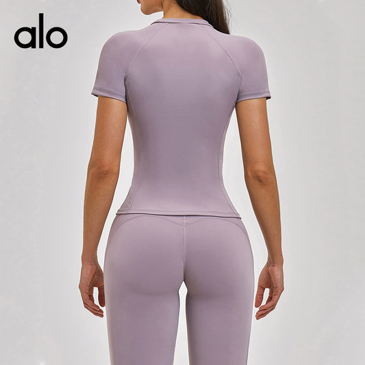 Aloyoga Brushed Round-neck Tight-Fitting T-Shirt for Outdoor Sports, Running, Fitness and Yoga