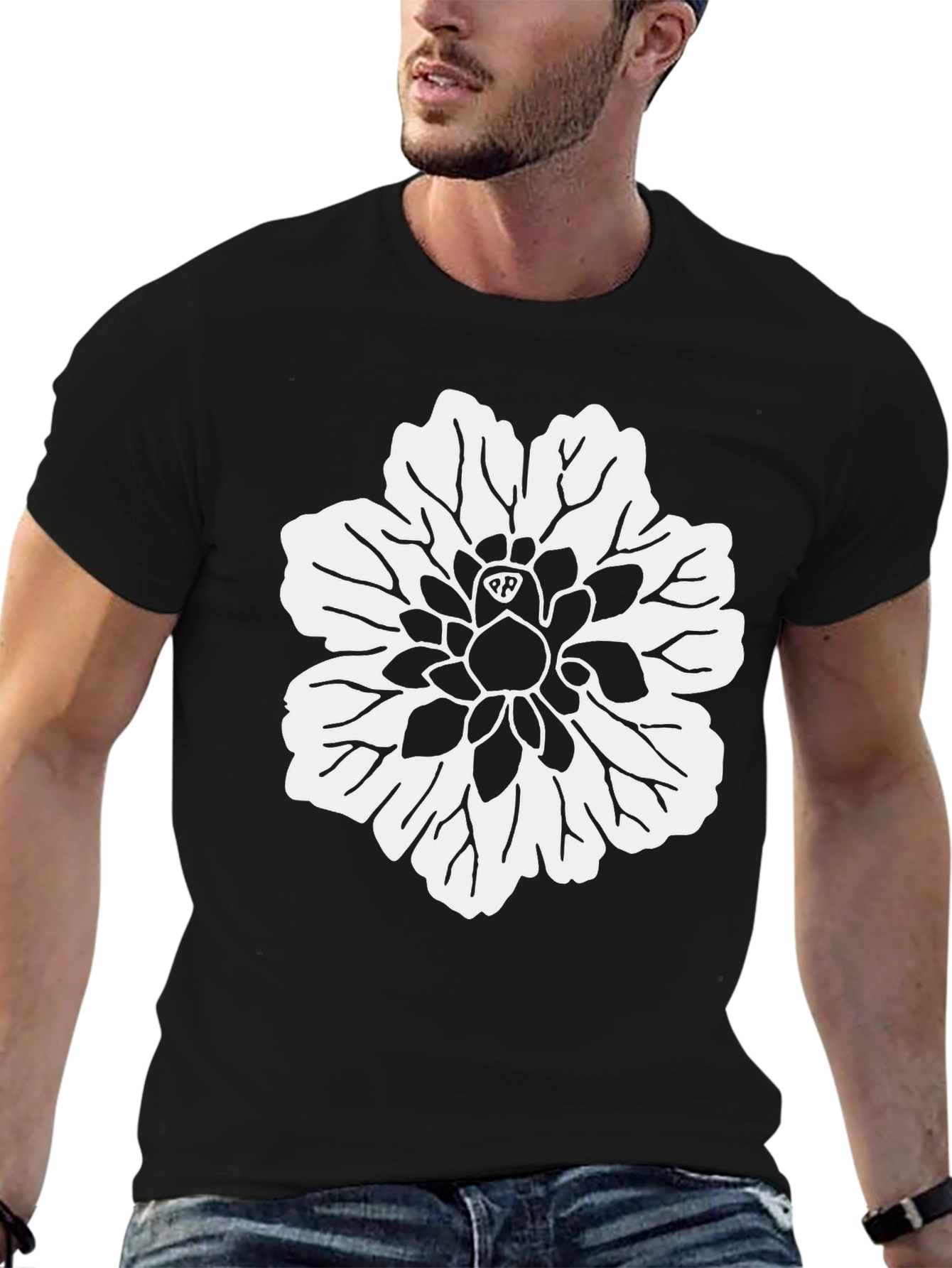 Black T-Shirt with White Flower Design