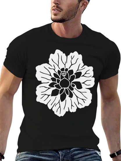 Black T-Shirt with White Flower Design