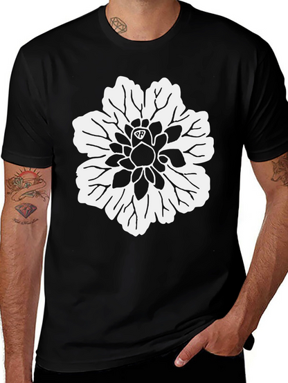 Black T-Shirt with White Flower Design