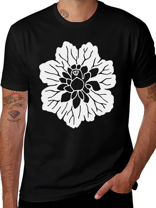 Black T-Shirt with White Flower Design