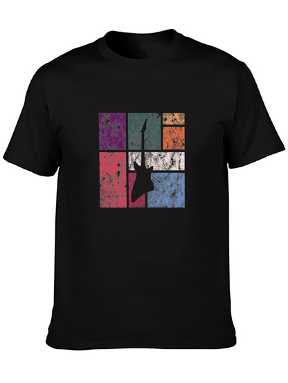 Retro Guitar Graphic Tee - Black Cotton T-Shirt