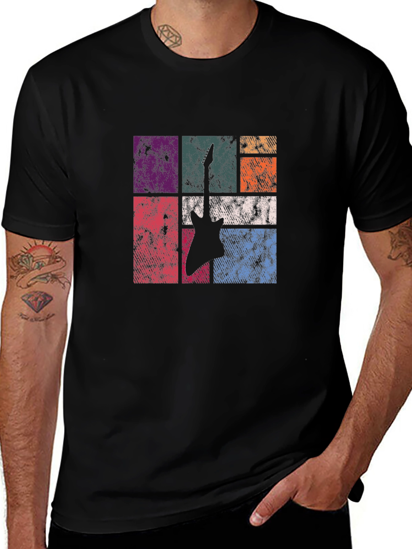 Retro Guitar Graphic Tee - Black Cotton T-Shirt