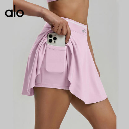 Alo Yoga Color-block Quick-dry Sports Skirt, 2-in-1 Fake Two-piece Tennis Skirt for Running Fitness Yoga