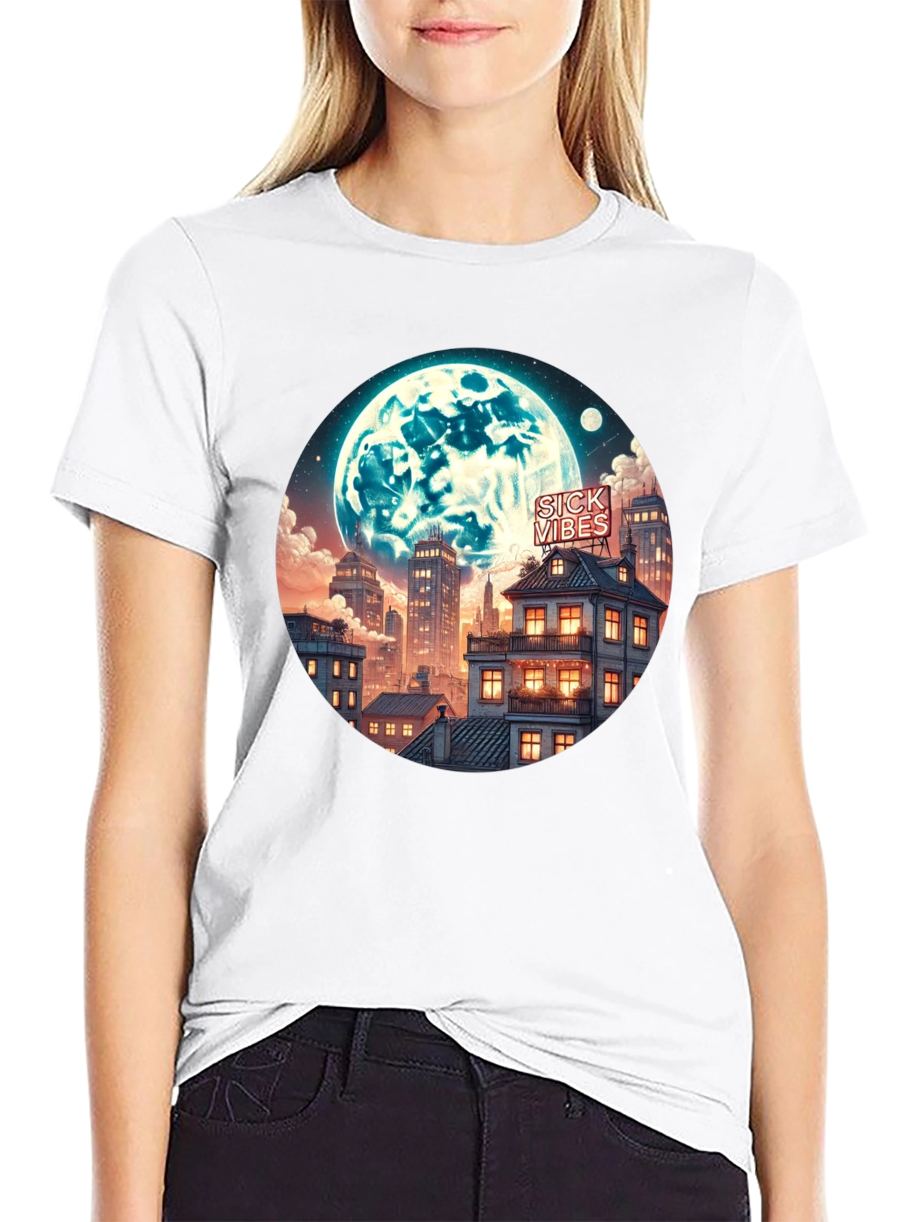 Sick Vibes Cityscape Moon Graphic Tee