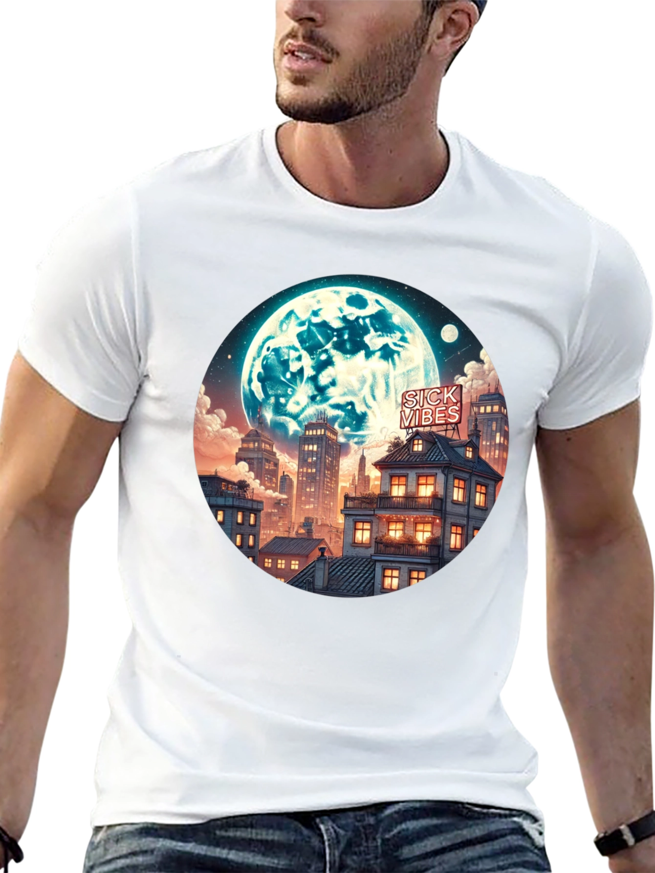 Sick Vibes Cityscape Moon Graphic Tee