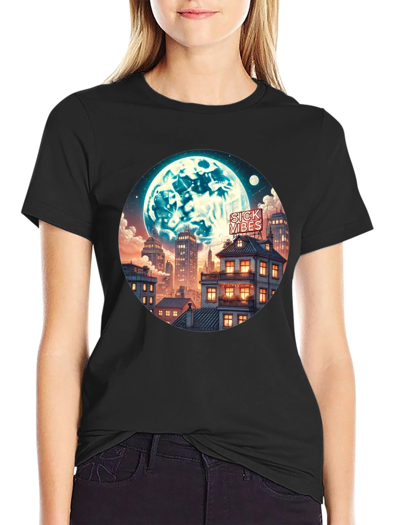 Sick Vibes Cityscape Moon Graphic Tee