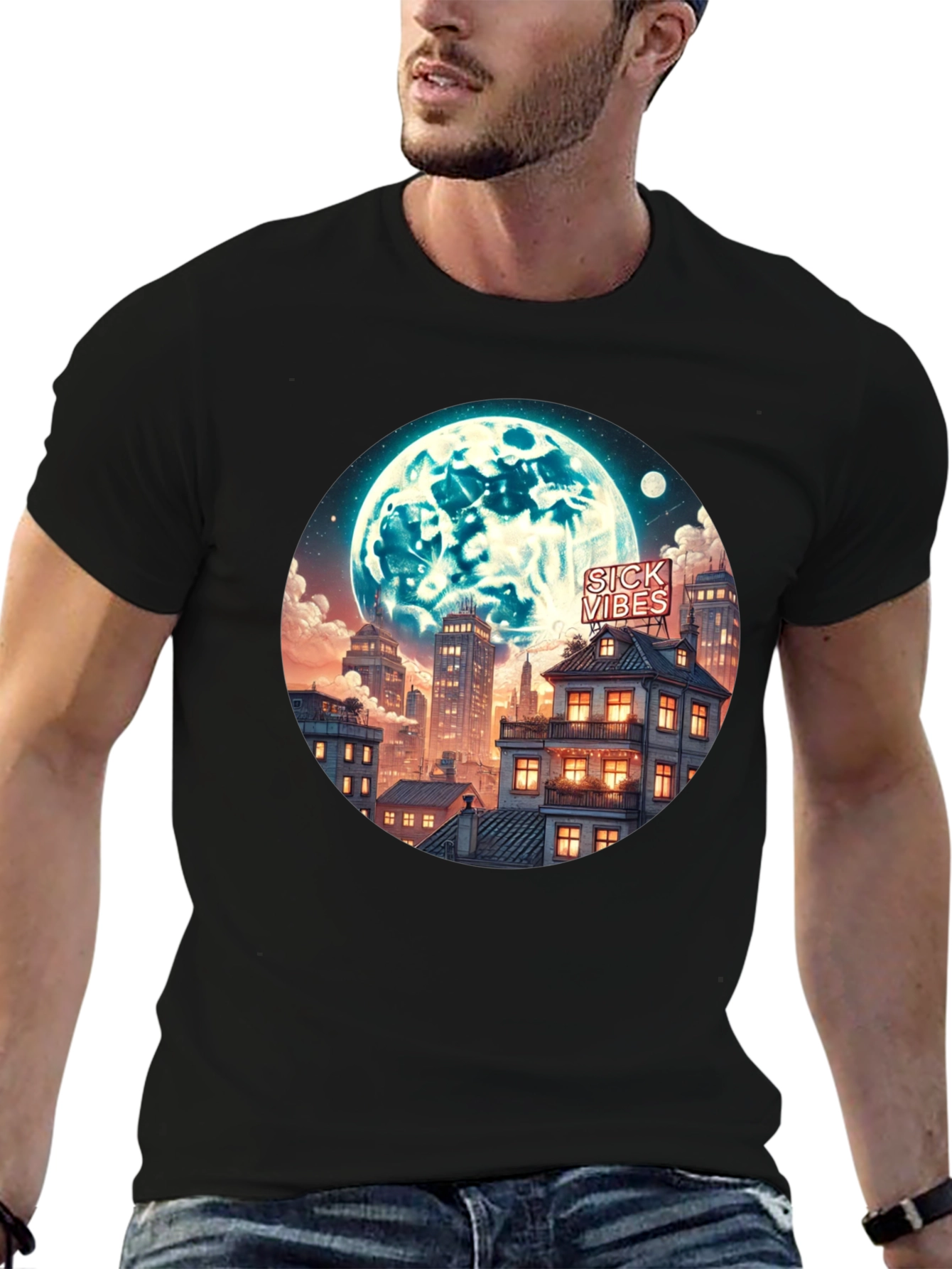 Sick Vibes Cityscape Moon Graphic Tee