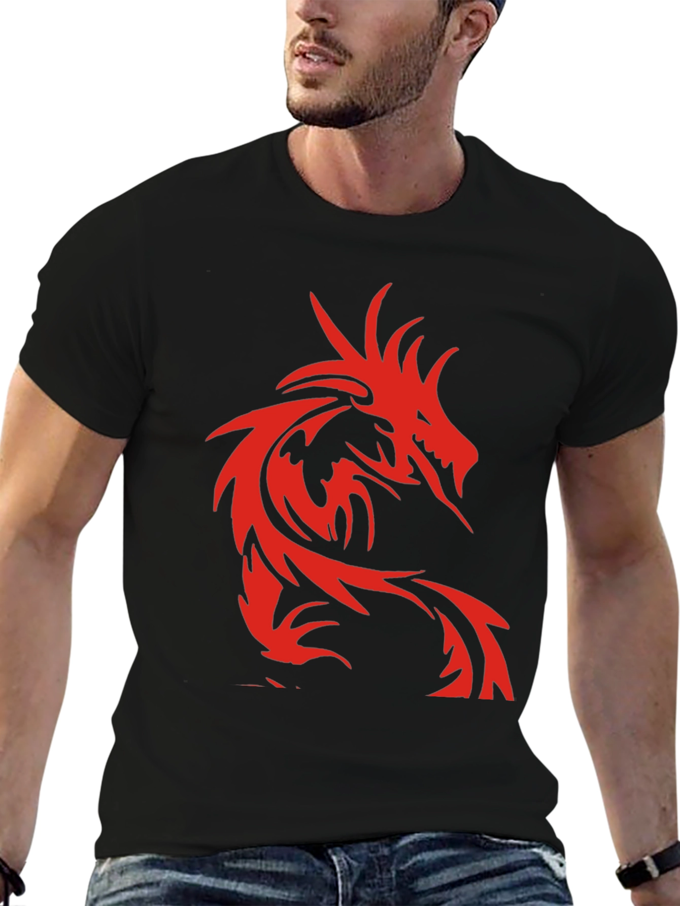 Mens Black T-Shirt with Red Dragon Design