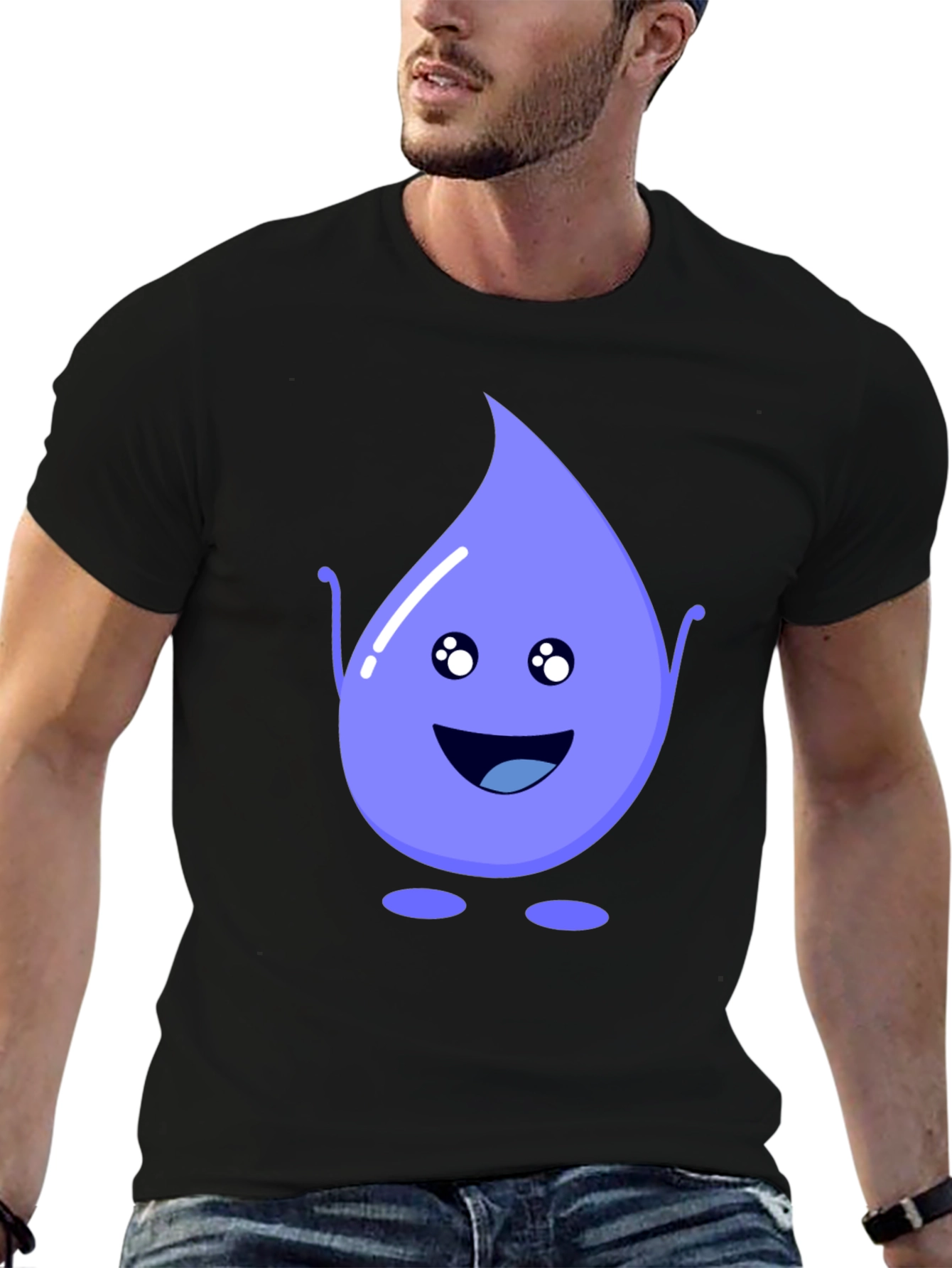 Cute Water Drop Graphic Tee - Black Cotton T-Shirt