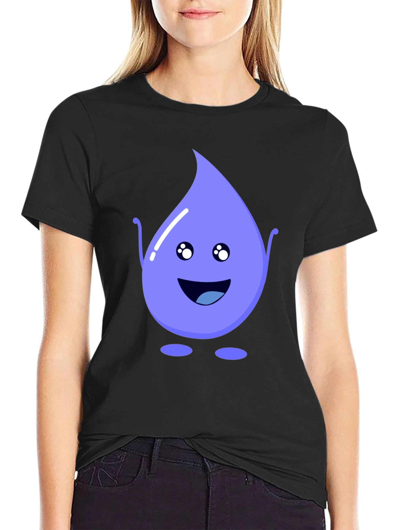 Cute Water Drop Graphic Tee - Black Cotton T-Shirt