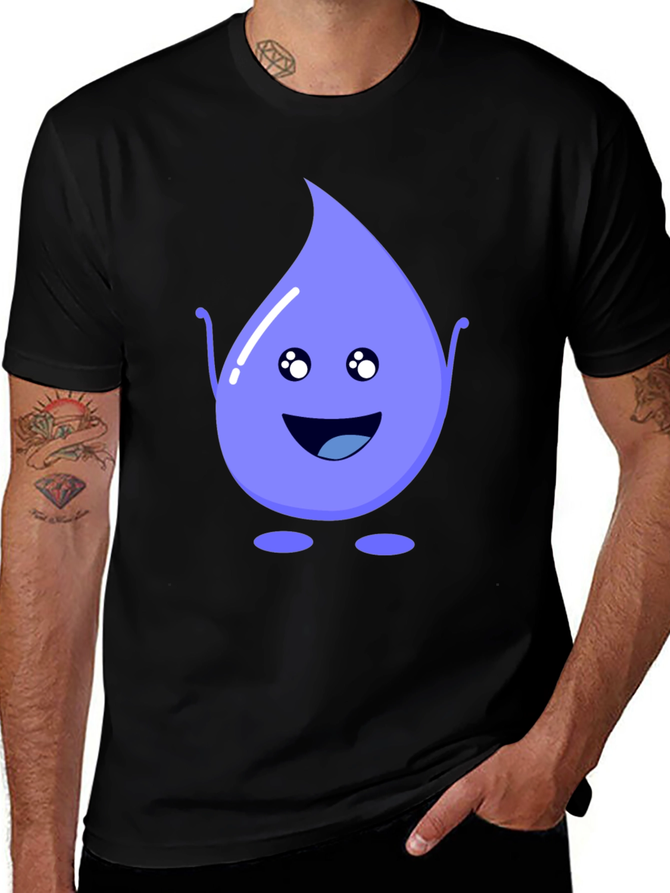 Cute Water Drop Graphic Tee - Black Cotton T-Shirt