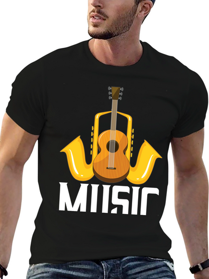 Music Lovers T-Shirt with Guitar & Saxophone Graphic