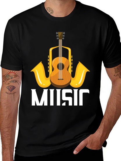 Music Lovers T-Shirt with Guitar & Saxophone Graphic