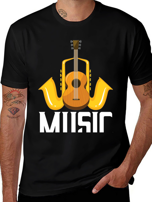 Music Lovers T-Shirt with Guitar & Saxophone Graphic