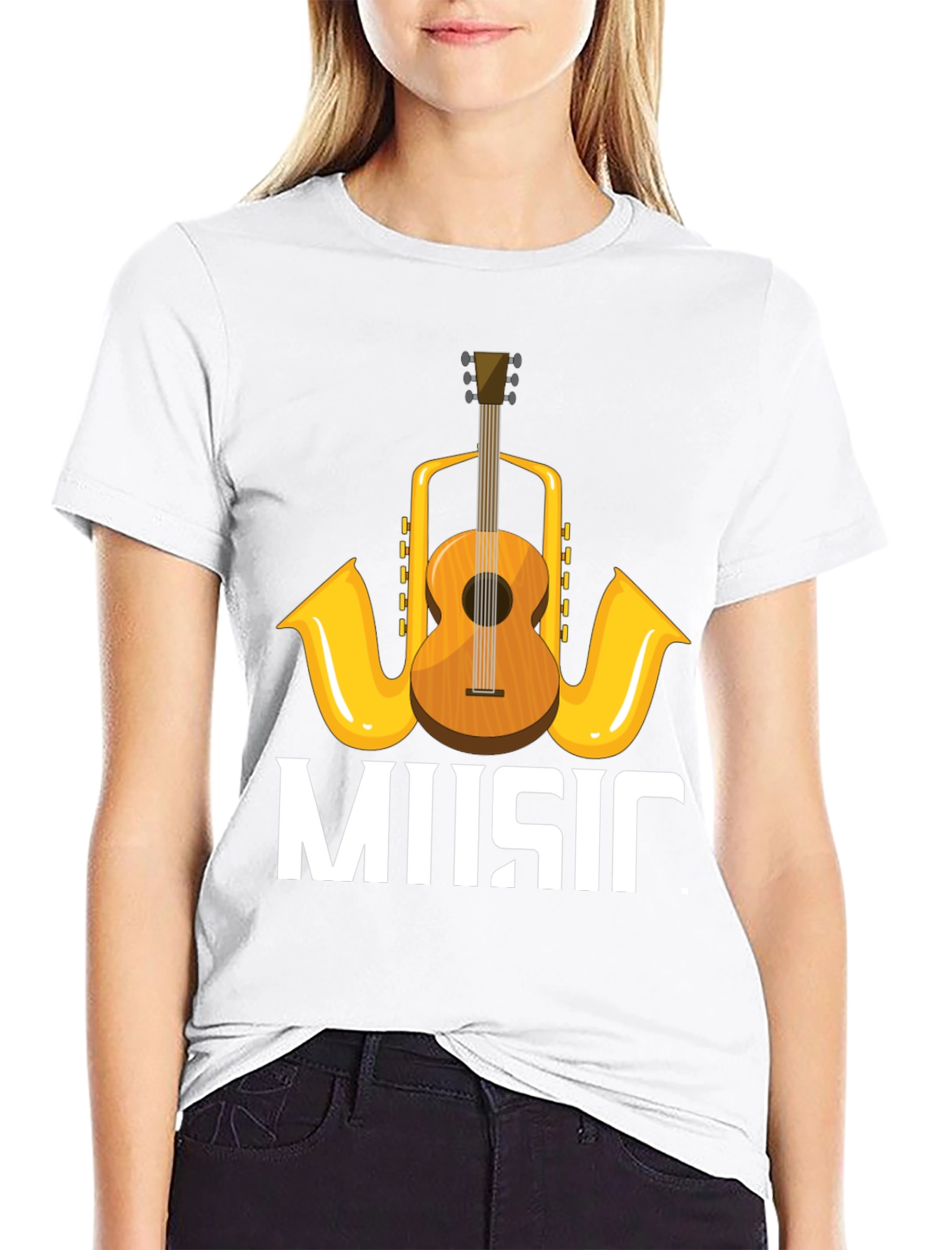 Music Lovers T-Shirt with Guitar & Saxophone Graphic