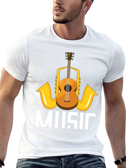 Music Lovers T-Shirt with Guitar & Saxophone Graphic