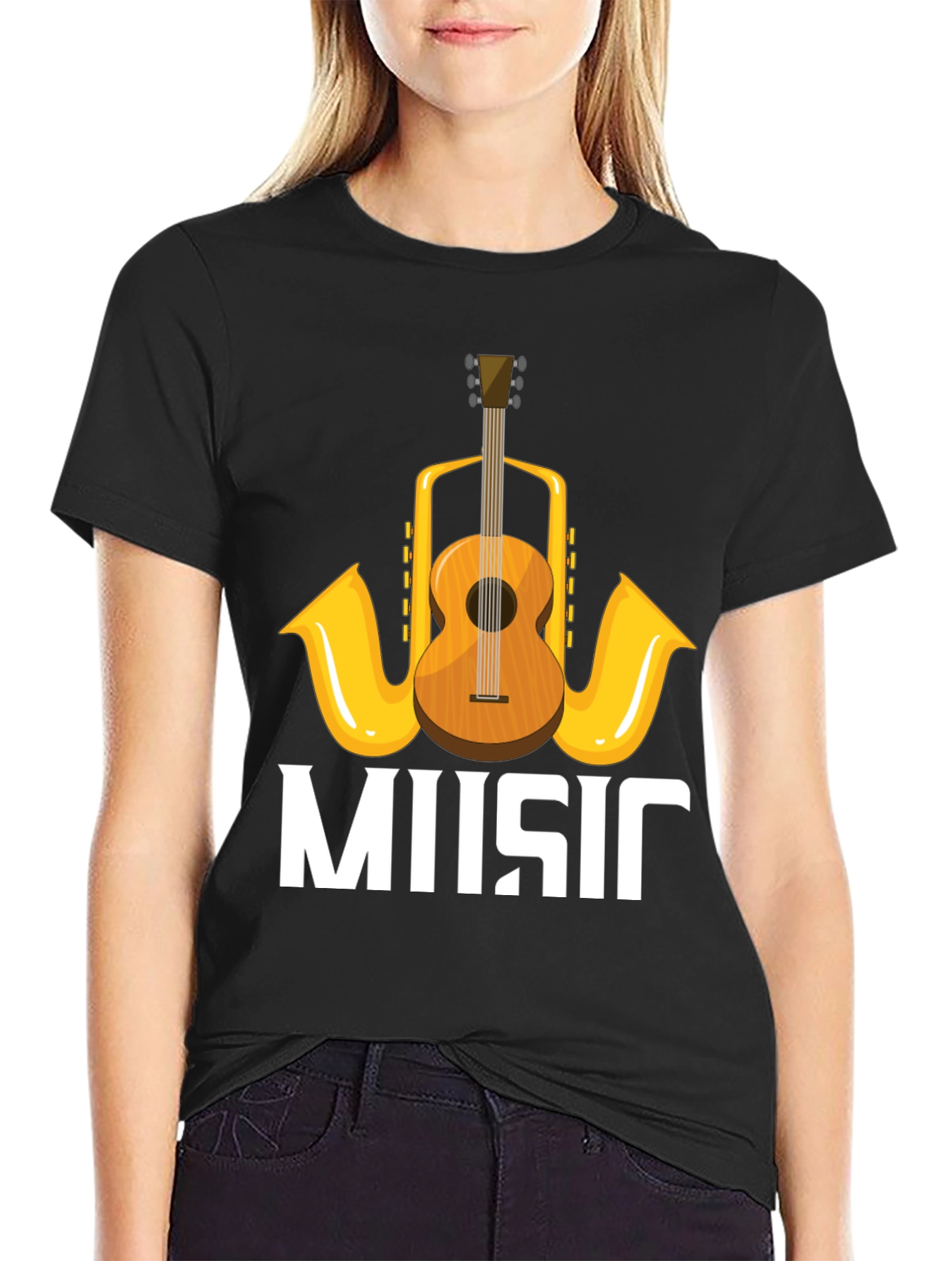 Music Lovers T-Shirt with Guitar & Saxophone Graphic