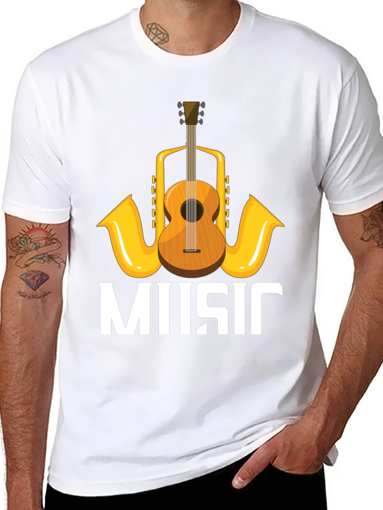 Music Lovers T-Shirt with Guitar & Saxophone Graphic