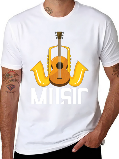 Music Lovers T-Shirt with Guitar & Saxophone Graphic